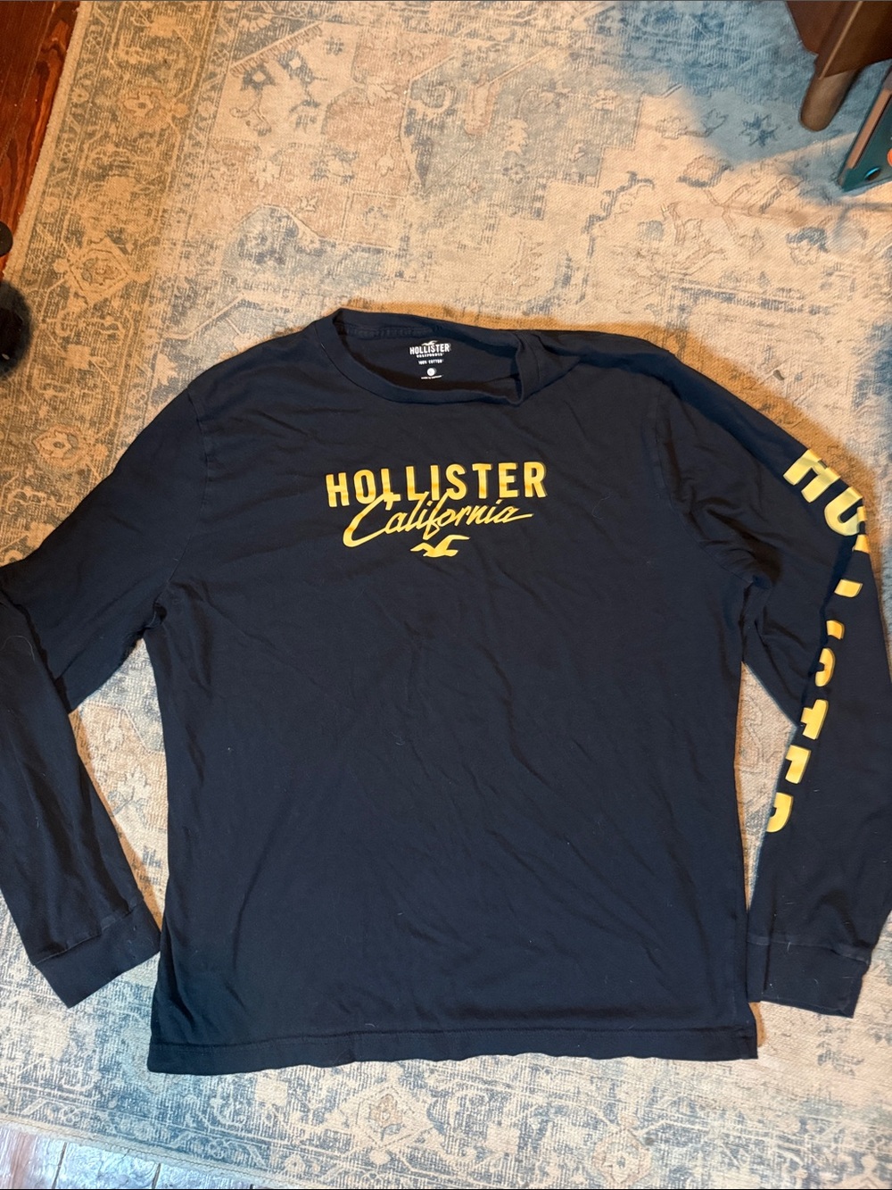 Hollister Navy Long Sleeve Tee with Yellow Logo